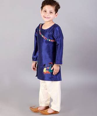 Blue embroidered cotton silk Boy's Kurta Pyjama 3