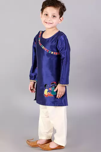 Blue embroidered cotton silk Boy's Kurta Pyjama