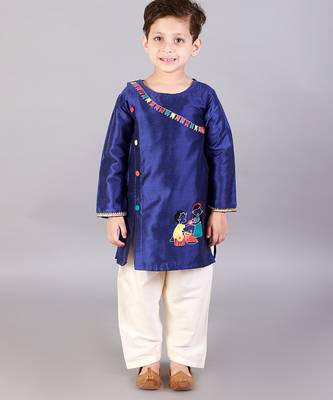 Blue embroidered cotton silk Boy's Kurta Pyjama 1