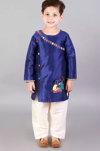 Blue embroidered cotton silk kurta pyjama