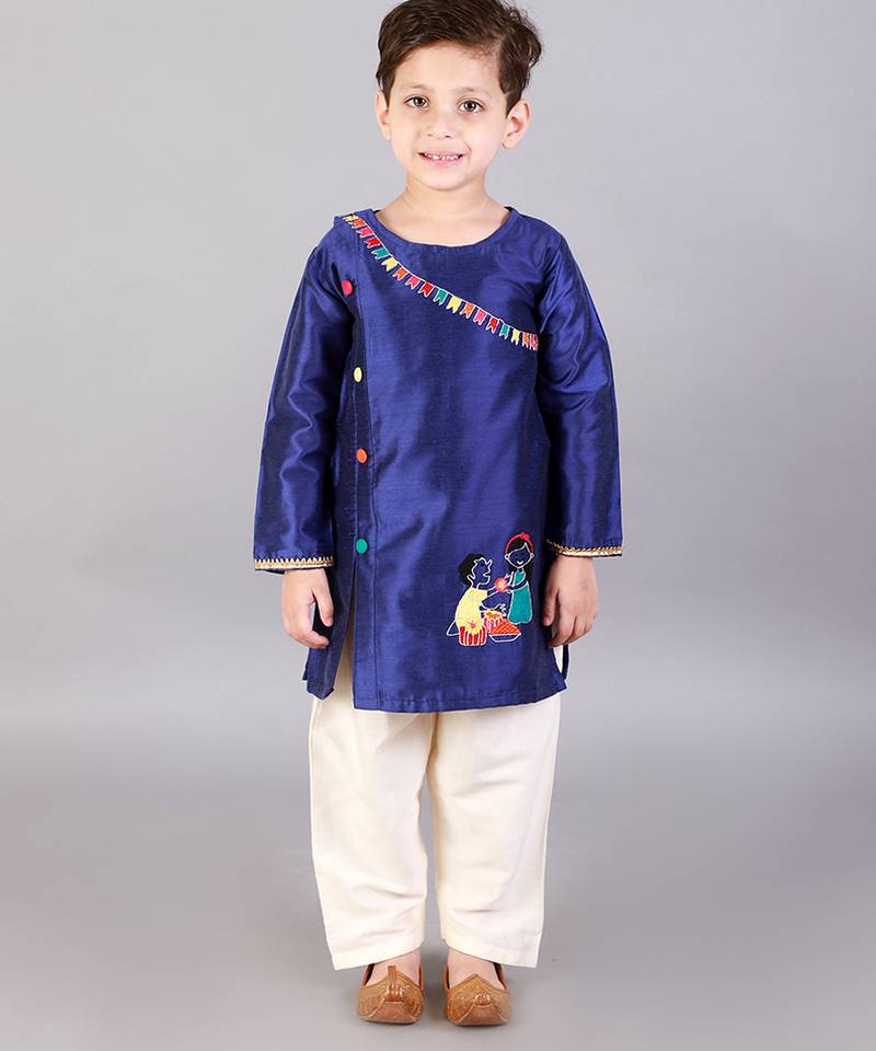 Blue embroidered cotton silk kurta pyjama