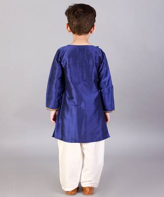 Blue embroidered cotton silk Boy's Kurta Pyjama 4