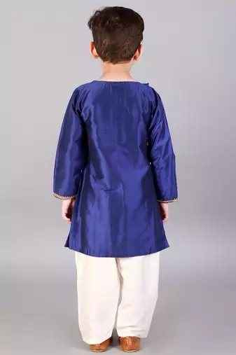 Blue embroidered cotton silk Boy's Kurta Pyjama