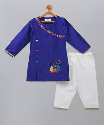 Blue embroidered cotton silk Boy's Kurta Pyjama 5