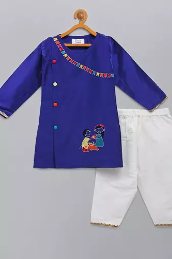 Blue embroidered cotton silk Boy's Kurta Pyjama