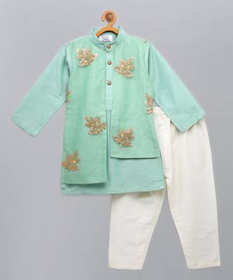 Green embroidered cotton silk Boy's Kurta Pyjama 1