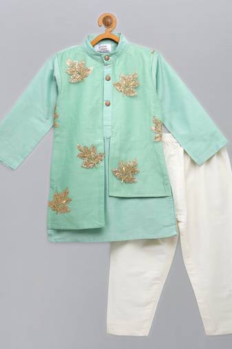 Green embroidered cotton silk kurta pyjama