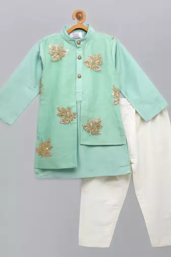Green embroidered cotton silk kurta pyjama