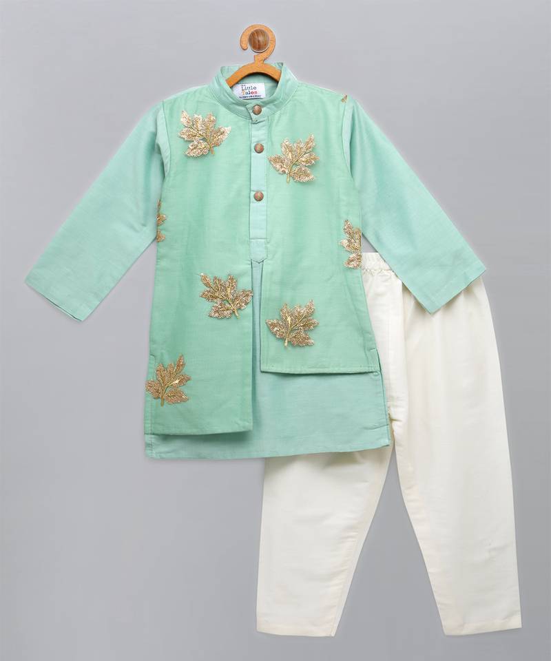 Green embroidered cotton silk kurta pyjama