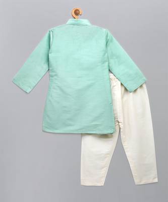 Green embroidered cotton silk Boy's Kurta Pyjama 4