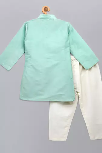 Green embroidered cotton silk Boy's Kurta Pyjama
