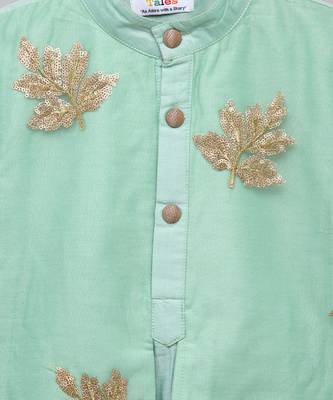 Green embroidered cotton silk Boy's Kurta Pyjama 5