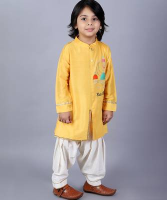 Yellow embroidered cotton silk Boy's Kurta Pyjama 2