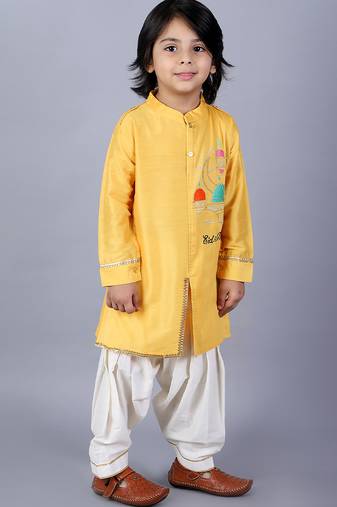 Yellow embroidered cotton silk kurta pyjama