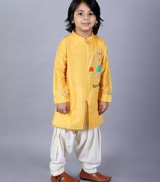 Yellow embroidered cotton silk kurta pyjama