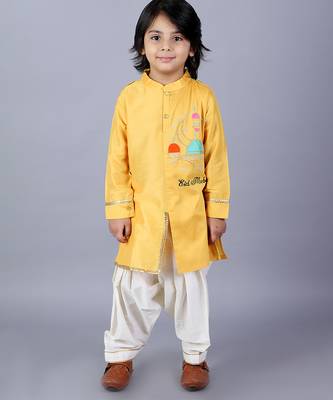 Yellow embroidered cotton silk Boy's Kurta Pyjama 1