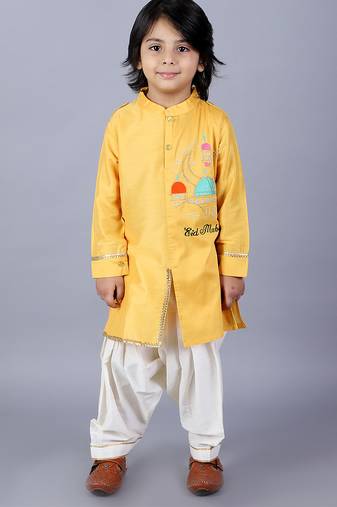 Yellow embroidered cotton silk kurta pyjama