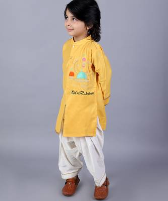 Yellow embroidered cotton silk Boy's Kurta Pyjama 3
