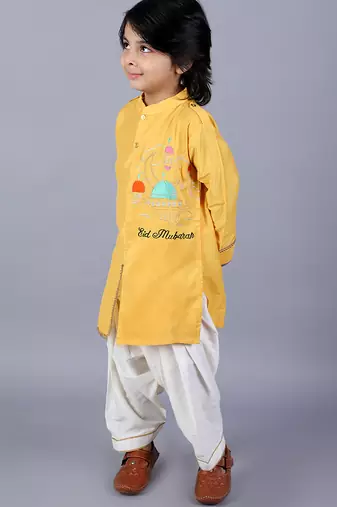 Yellow embroidered cotton silk kurta pyjama