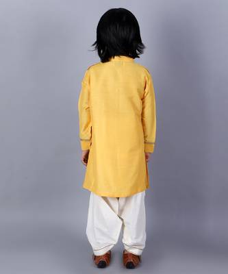 Yellow embroidered cotton silk Boy's Kurta Pyjama 4