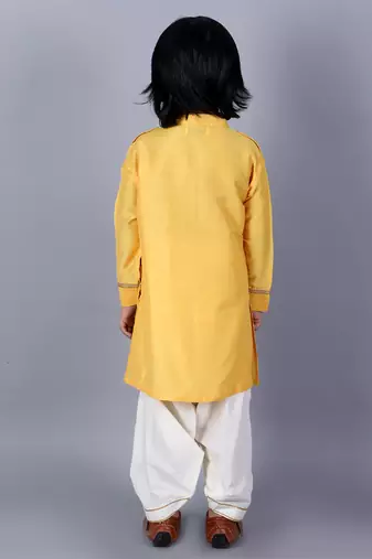 Yellow embroidered cotton silk kurta pyjama