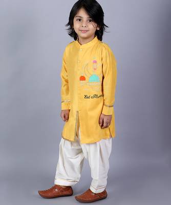 Yellow embroidered cotton silk Boy's Kurta Pyjama 5