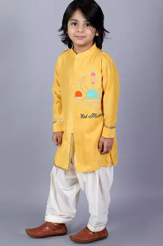 Yellow embroidered cotton silk kurta pyjama