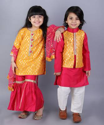 Pink embroidered cotton silk Boy's Kurta Pyjama 2