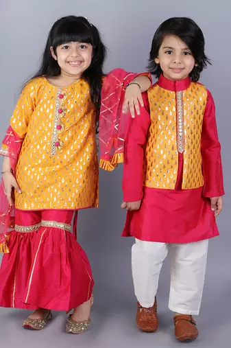 Pink embroidered cotton silk Boy's Kurta Pyjama