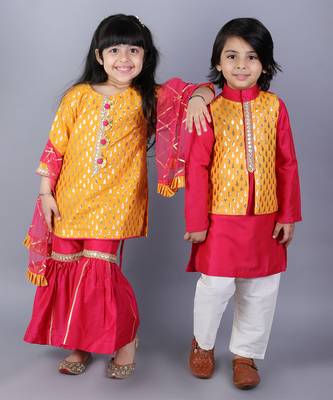 Pink embroidered cotton silk Boy's Kurta Pyjama 3