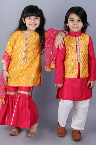 Pink embroidered cotton silk Boy's Kurta Pyjama
