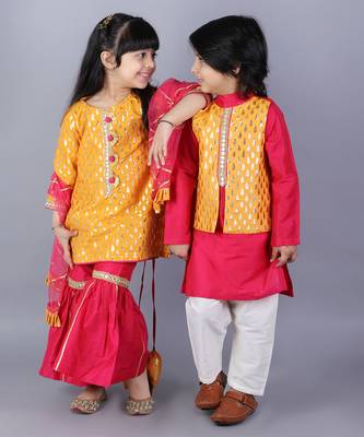 Pink embroidered cotton silk Boy's Kurta Pyjama 4