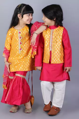 Pink embroidered cotton silk Boy's Kurta Pyjama