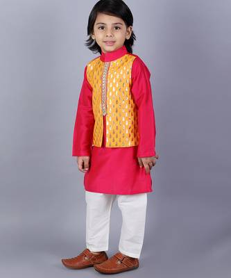 Pink embroidered cotton silk Boy's Kurta Pyjama 1