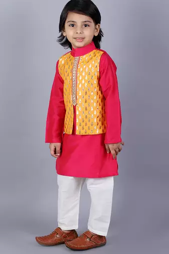 Pink embroidered cotton silk kurta pyjama