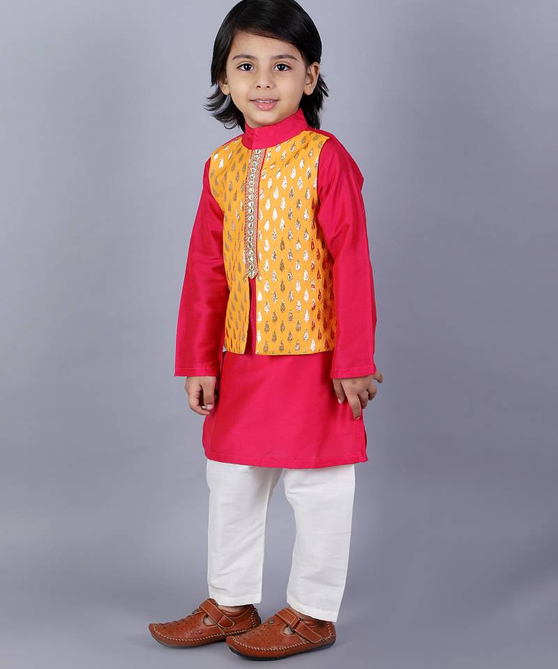 Pink embroidered cotton silk kurta pyjama