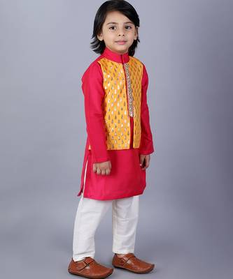 Pink embroidered cotton silk Boy's Kurta Pyjama 5