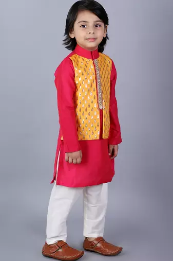 Pink embroidered cotton silk Boy's Kurta Pyjama