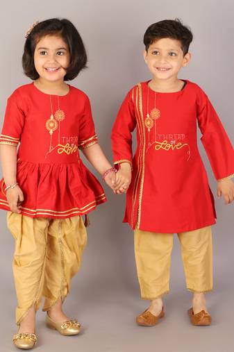 Red embroidered cotton silk kurta pyjama