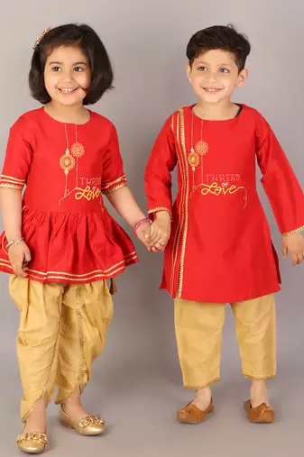 Red embroidered cotton silk kurta pyjama