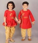 Red embroidered cotton silk kurta pyjama