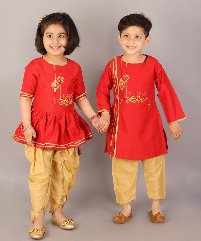 Red embroidered cotton silk kurta pyjama