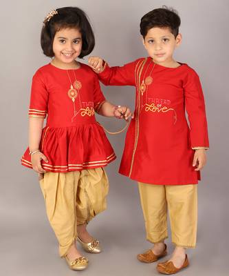 Red embroidered cotton silk Boy's Kurta Pyjama 2