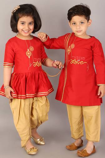 Red embroidered cotton silk kurta pyjama