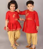 Red embroidered cotton silk kurta pyjama