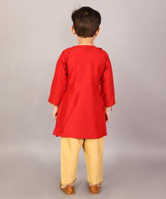 Red embroidered cotton silk Boy's Kurta Pyjama 3