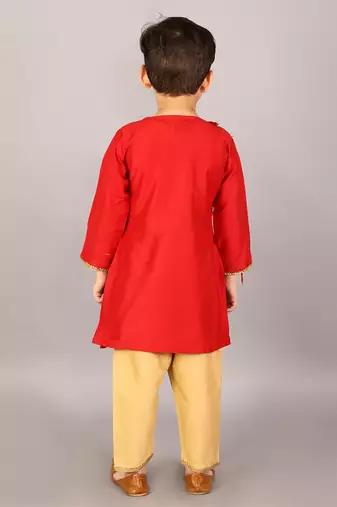 Red embroidered cotton silk Boy's Kurta Pyjama