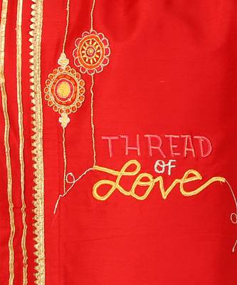 Red embroidered cotton silk Boy's Kurta Pyjama 4