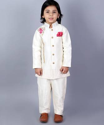 White embroidered raw silk Boy's Sherwani Set 1