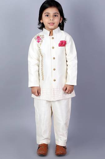 White embroidered raw silk sherwani set